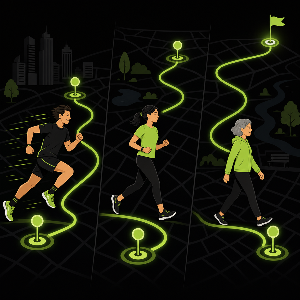 Illustration of fast runners, joggers, and walkers following the same checkpoint route