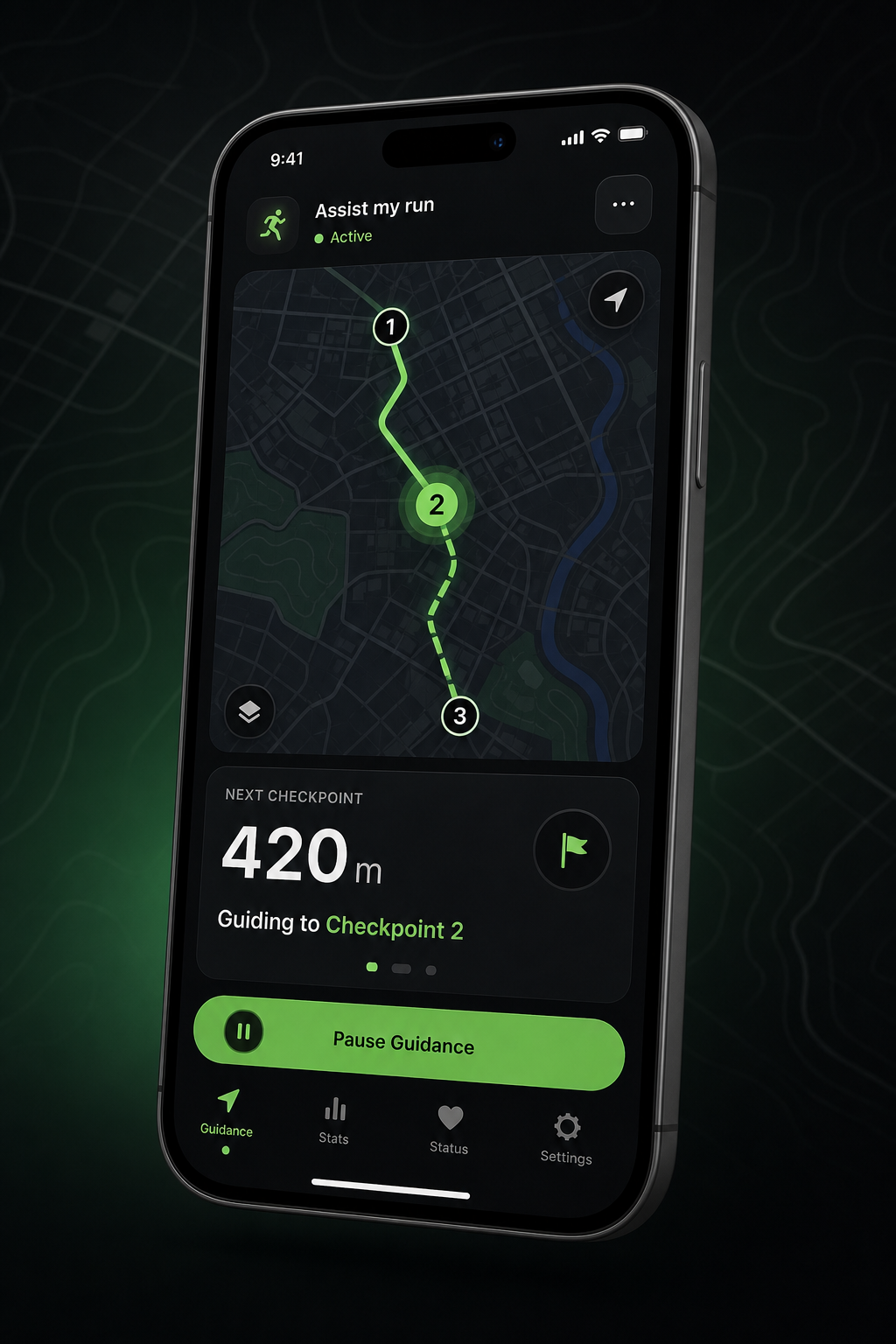 Phone showing Assist my run with map, checkpoints, and distance to next stop