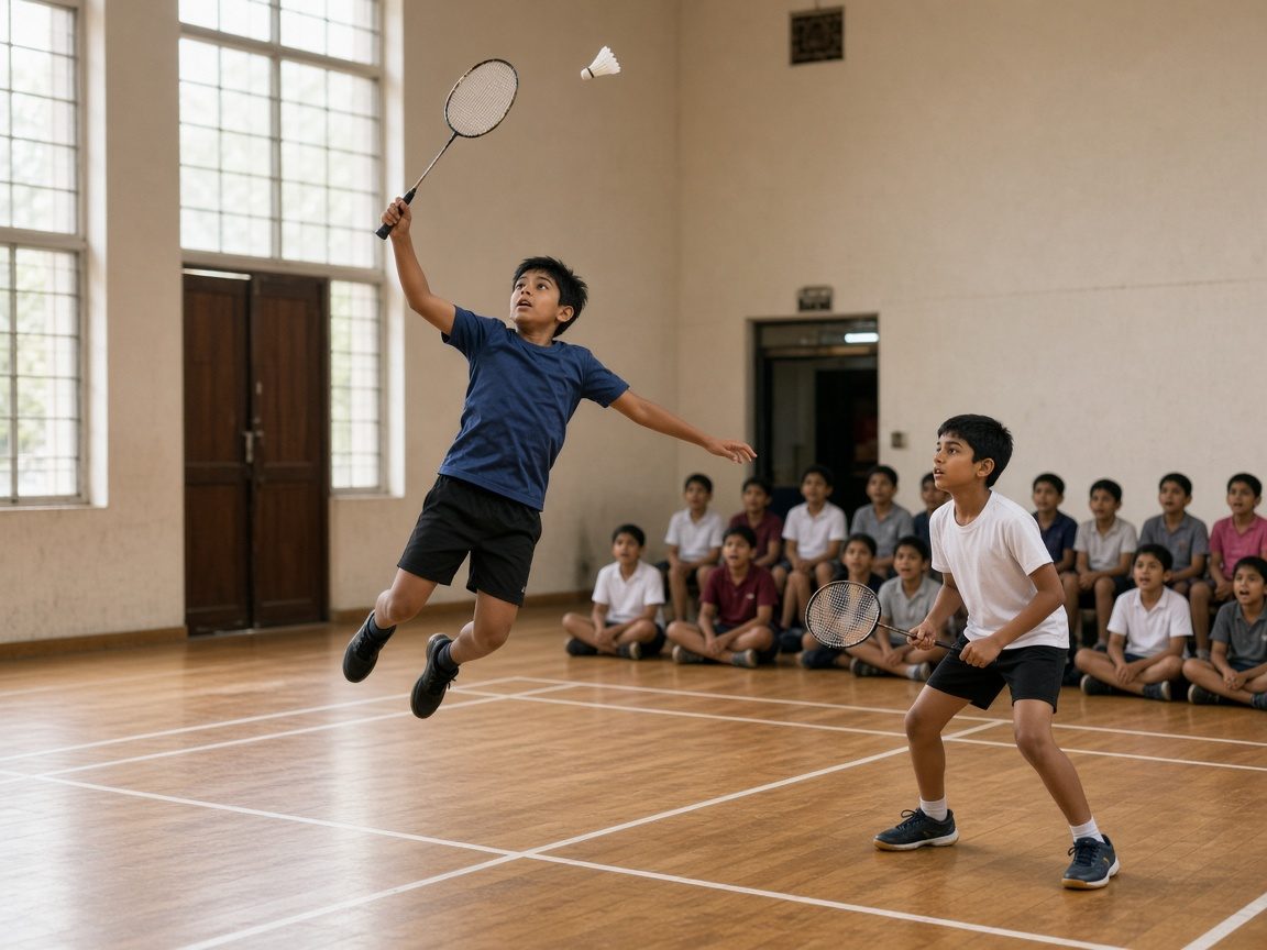 A student jumps to return a shuttlecock in a school hall while classmates watch from the side