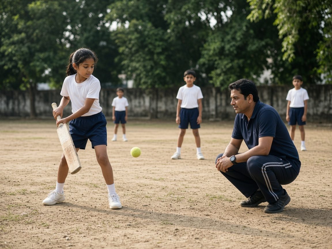 A student lines up a shot with a cricket bat as a crouching coach watches and classmates field