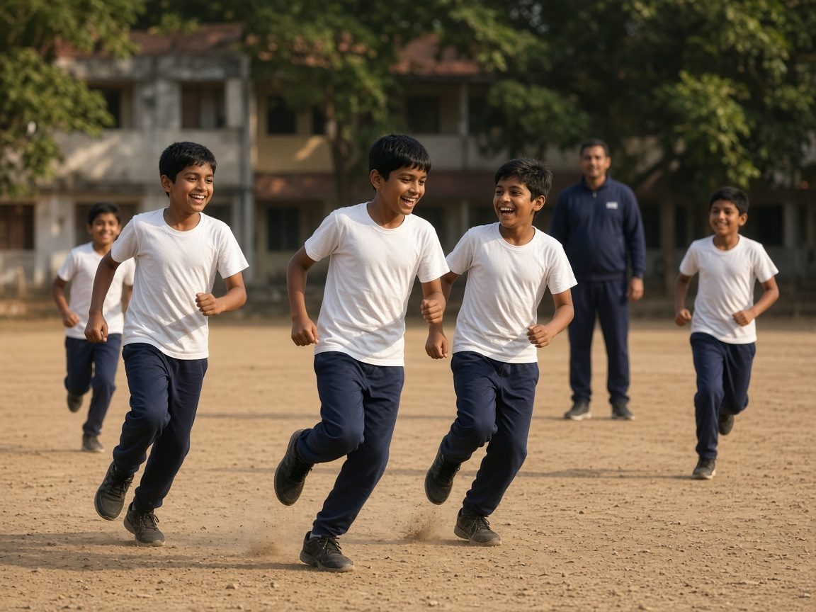School students in PE uniforms running and laughing during a football drill on a school ground, with a coach watching