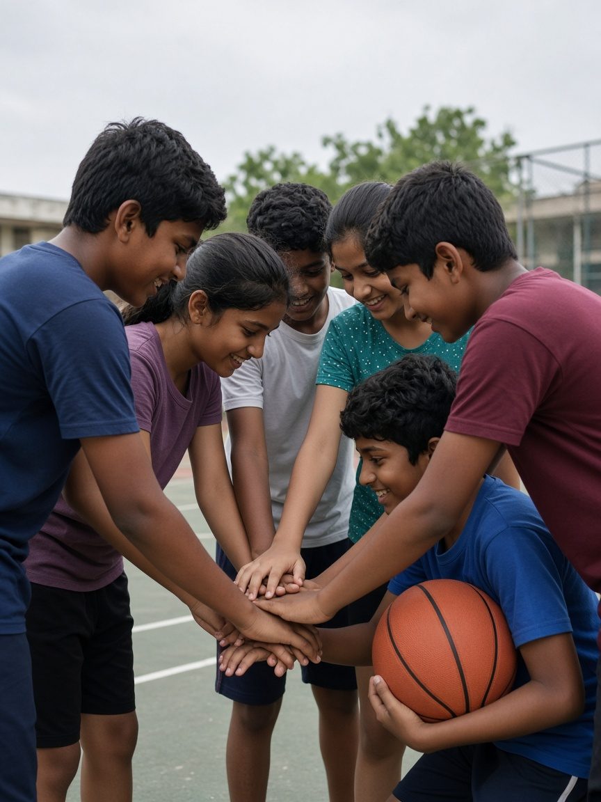 A group of students stack hands together before a basketball game on an outdoor court