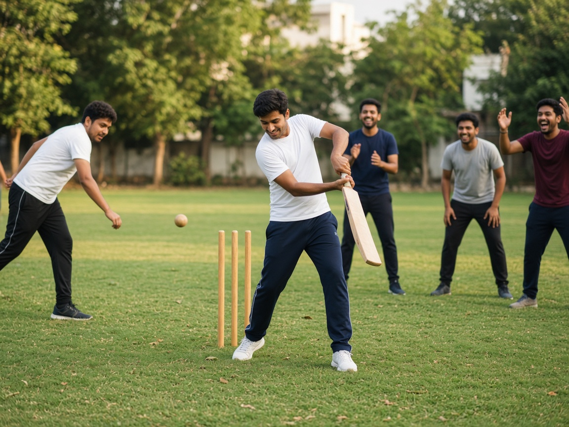 Friends playing a casual game of cricket