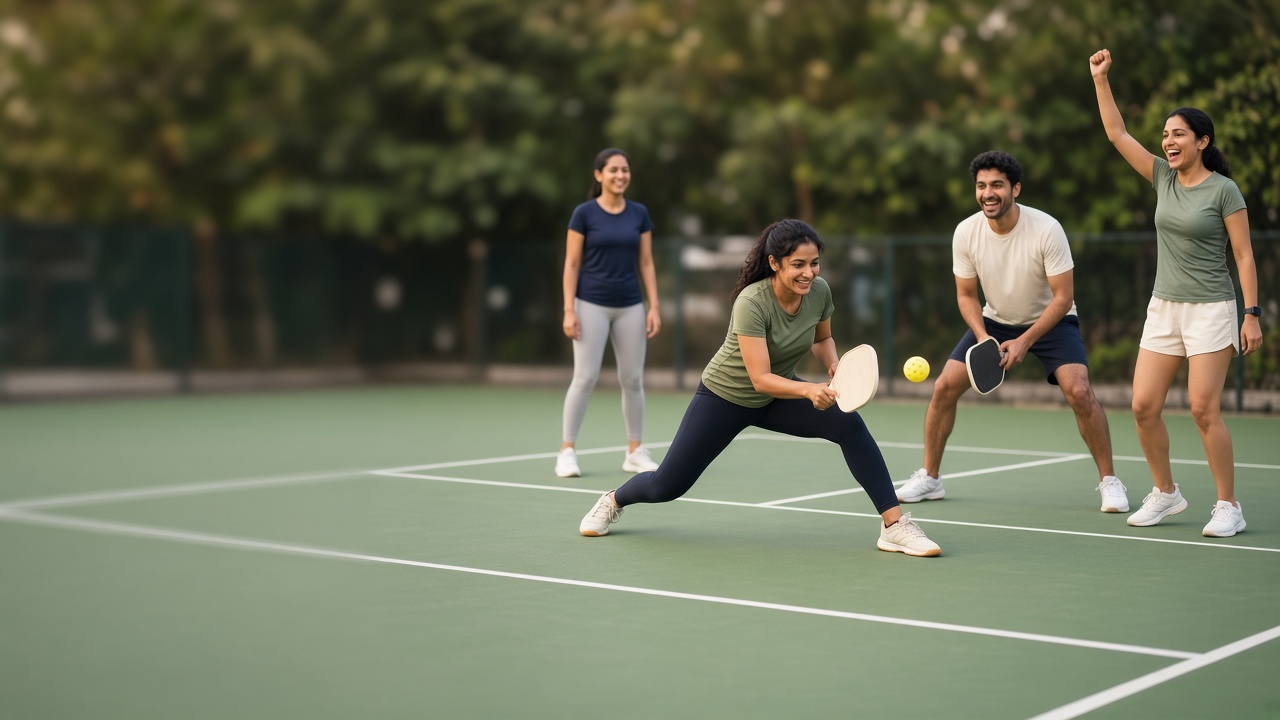 Colleagues playing pickleball together outdoors